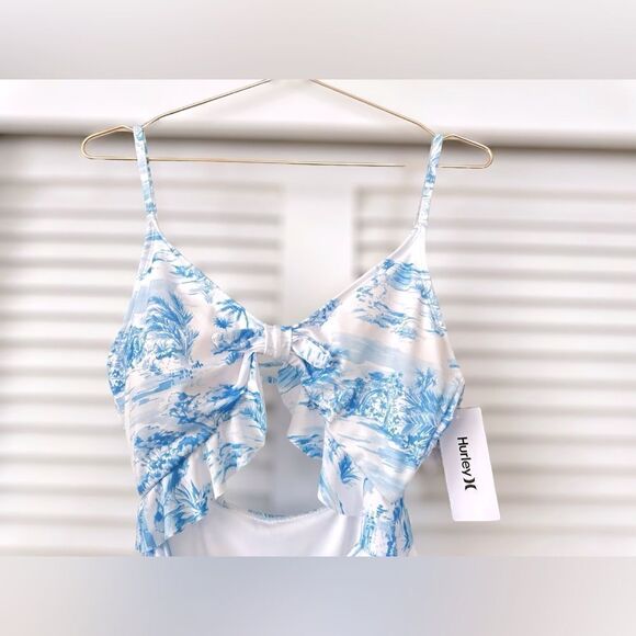 HURLEY Tropical Palm Tree Blue Cutout One Piece Swimsuit Size L - Picture 5 of 15
